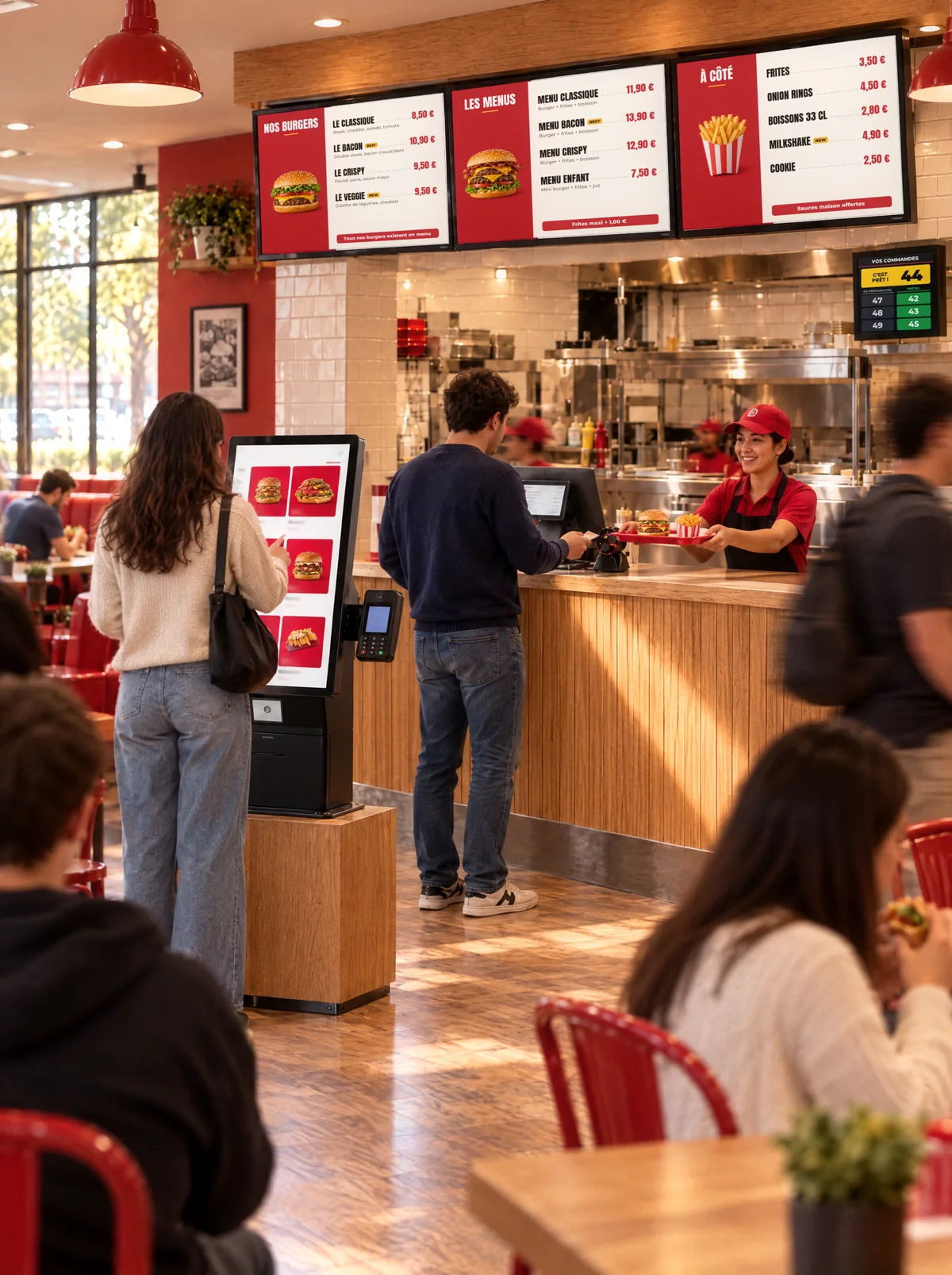 Restaurant équipé NeyNey en plein service : borne de commande, caisse, menu boards et écran d’appel des commandes