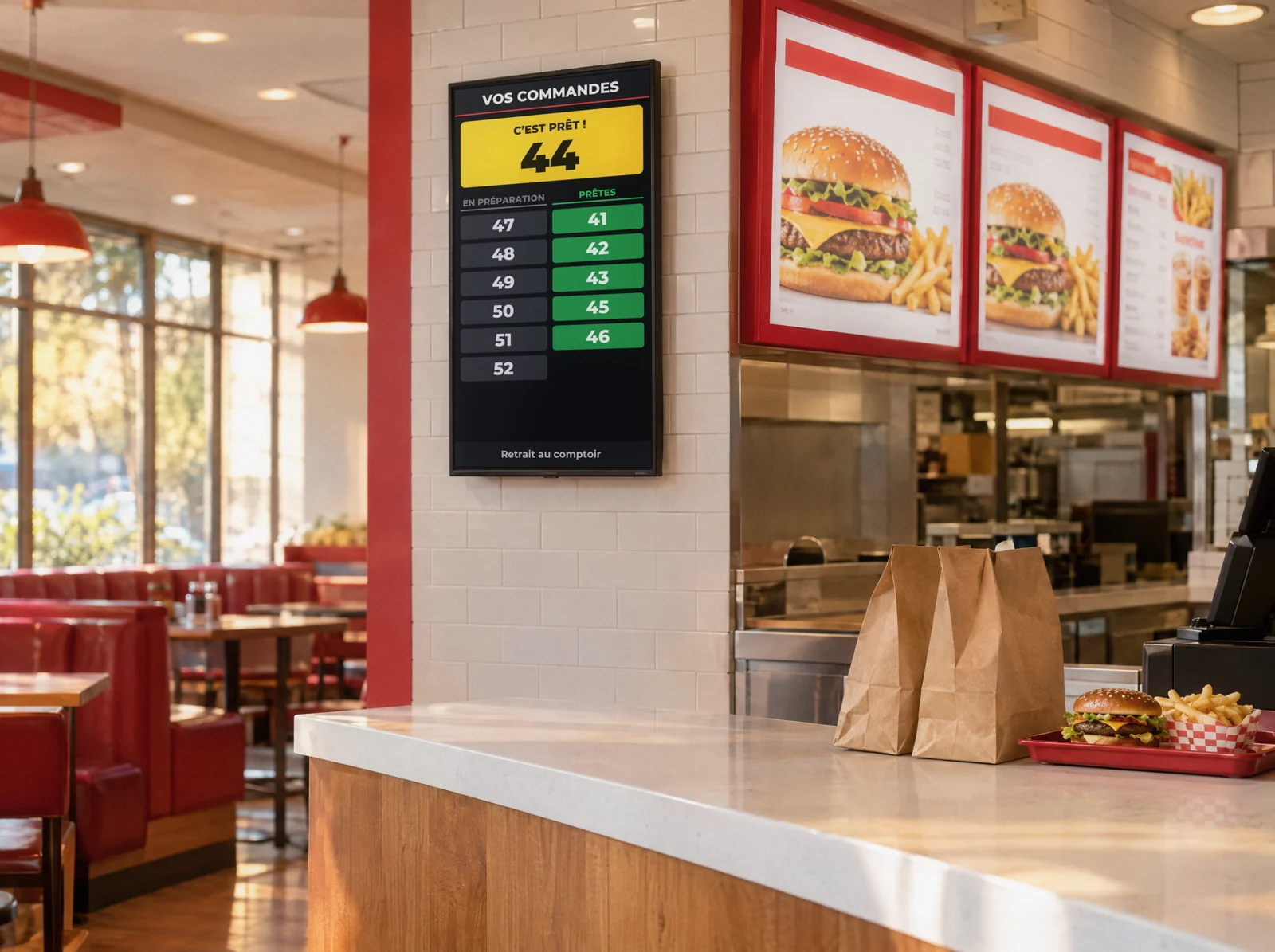 Écran d'appel NeyNey fixé au mur près du menu board, au-dessus du comptoir de retrait
