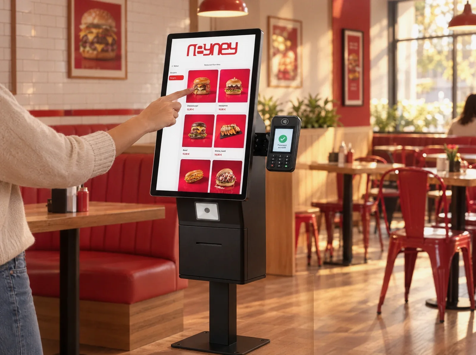 Client commandant sur la borne NeyNey avec terminal de paiement, dans la salle du restaurant