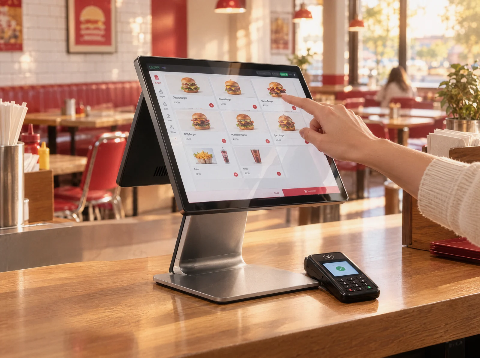 Caisse enregistreuse NeyNey double écran avec terminal de paiement sur le comptoir d’un restaurant