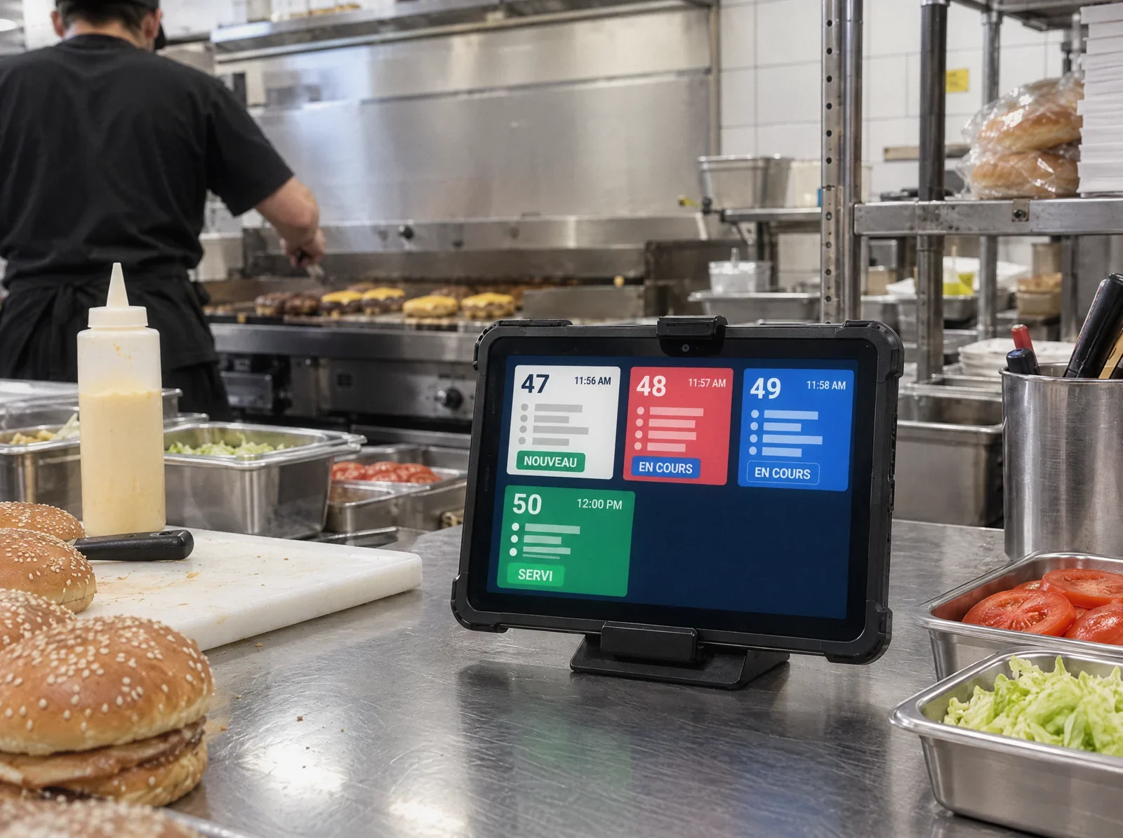Tablette cuisine NeyNey sur son socle, posée sur le plan de travail inox en cuisine