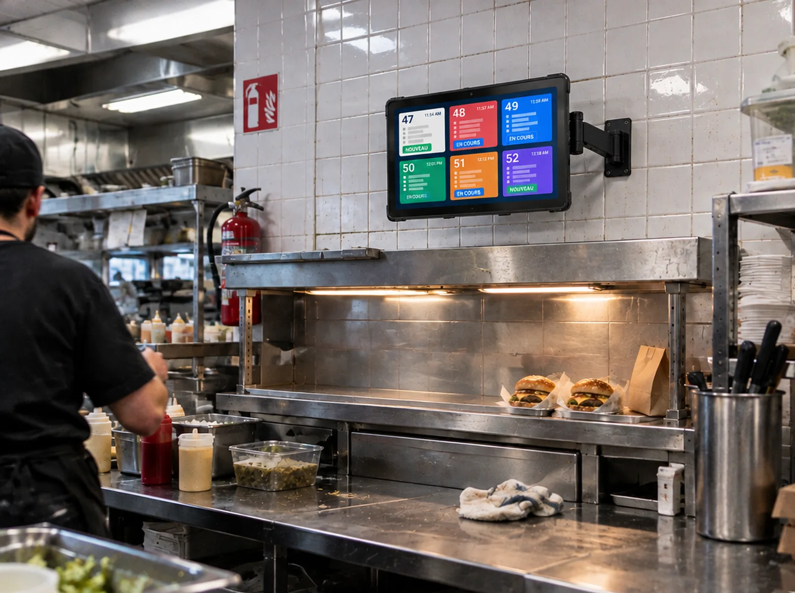 Écran cuisine NeyNey 21,5 pouces sur bras mural, au-dessus du passe, dans une cuisine de burgers en plein service
