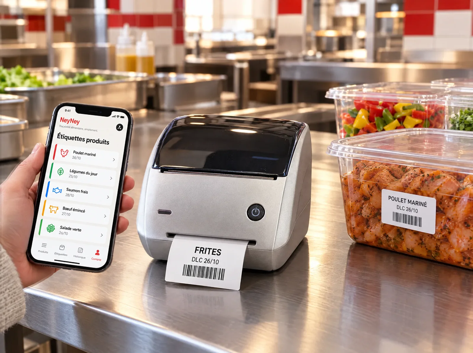 Imprimante d'étiquettes NeyNey sur le plan de travail d'une cuisine : une étiquette « Frites, DLC 26/10 » sort de l'imprimante, une autre est collée sur une boîte ; sur le téléphone, la liste des étiquettes produits