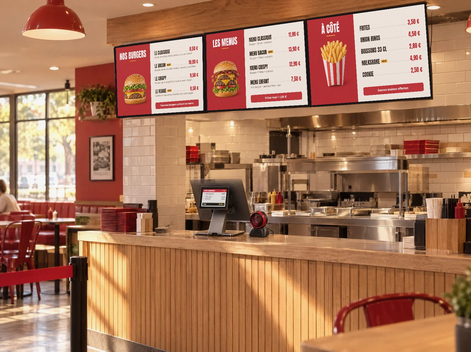 Trois menu boards NeyNey au-dessus du comptoir affichant la carte : burgers, menus, accompagnements et prix
