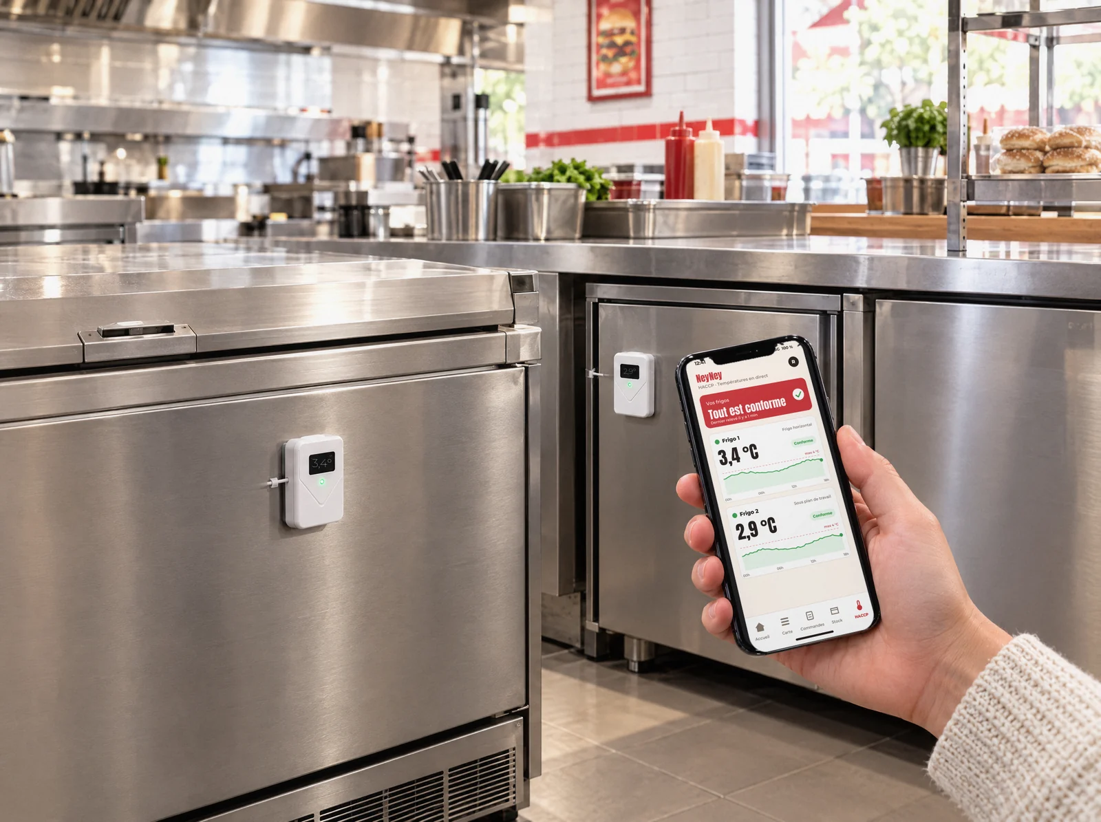 Cuisine avec un frigo horizontal et un frigo sous le plan de travail, chacun équipé d'une sonde NeyNey ; sur le téléphone, le suivi des températures du frigo 1 et du frigo 2