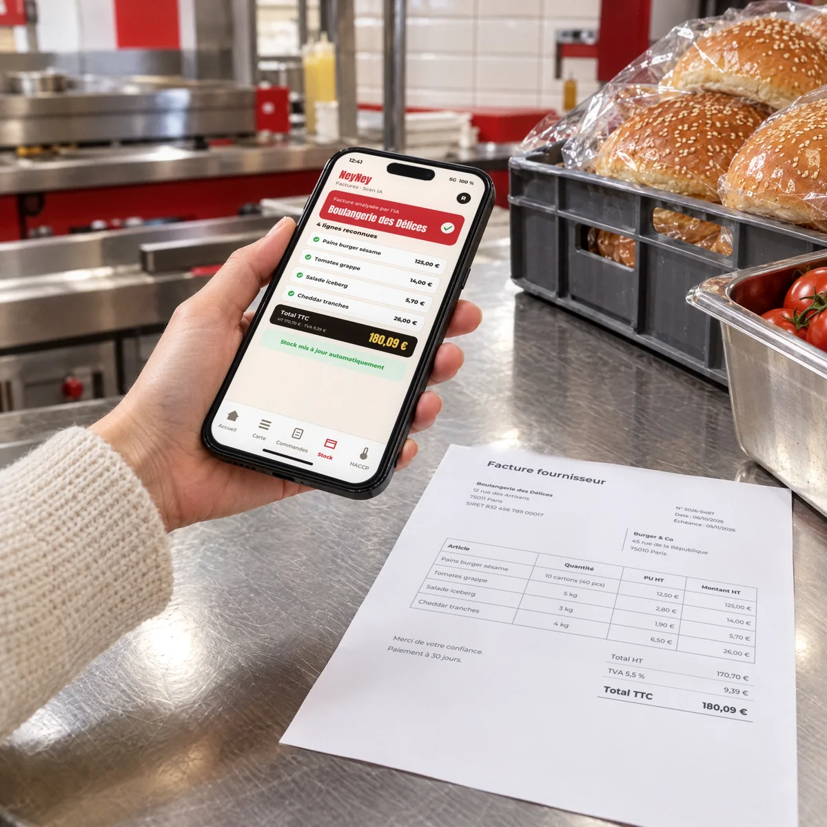 Facture fournisseur scannée avec l'application NeyNey : lignes reconnues par l'IA et stock mis à jour