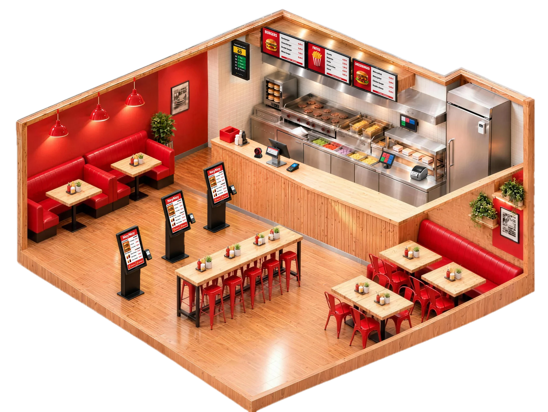 Restaurant burger équipé NeyNey en 3D : banquettes, bornes en diagonale au centre de la salle, caisse double écran, menu boards au-dessus du comptoir, écran d’appel, écran cuisine (KDS) au mur, tablette cuisine sur socle, imprimante d’étiquettes et sonde de frigo
