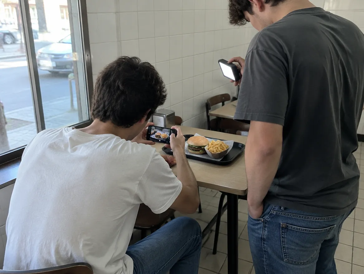 Deux amis filment un burger pour les réseaux sociaux d’un restaurant