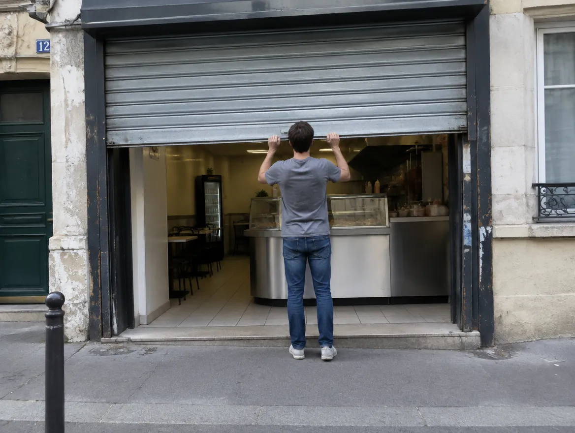 Le gérant lève le rideau de son fast-food le jour de l’ouverture