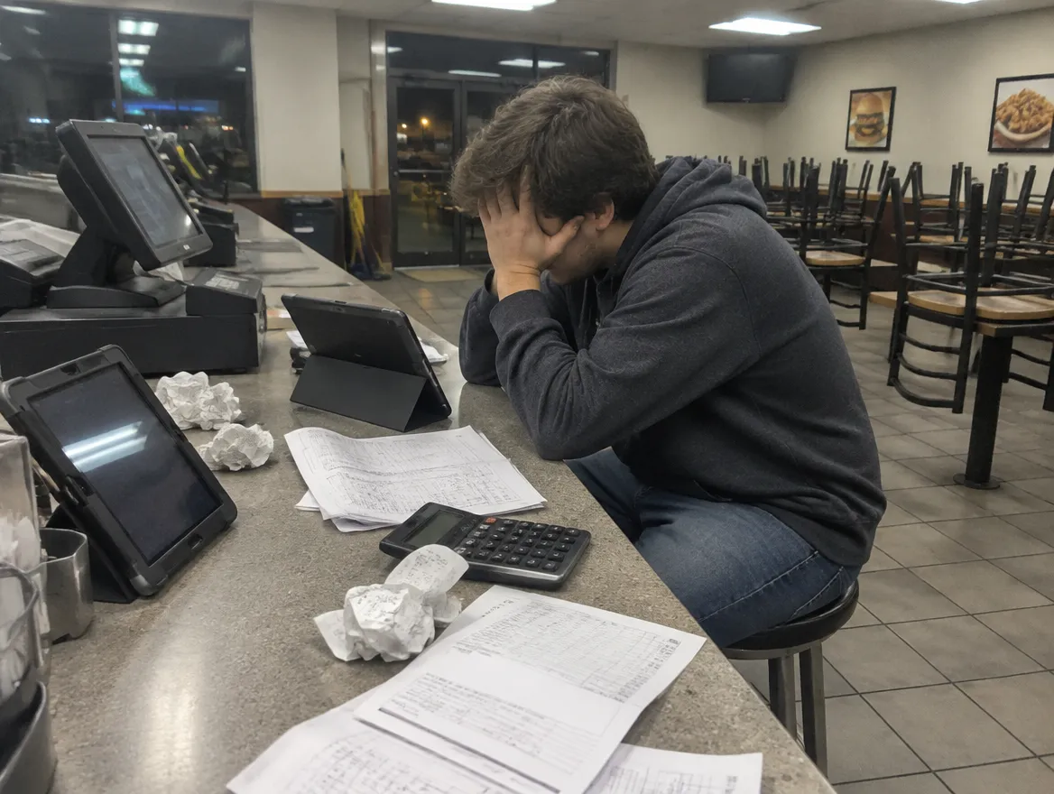 Un gérant épuisé, seul au comptoir après la fermeture, entouré de tablettes et de tickets