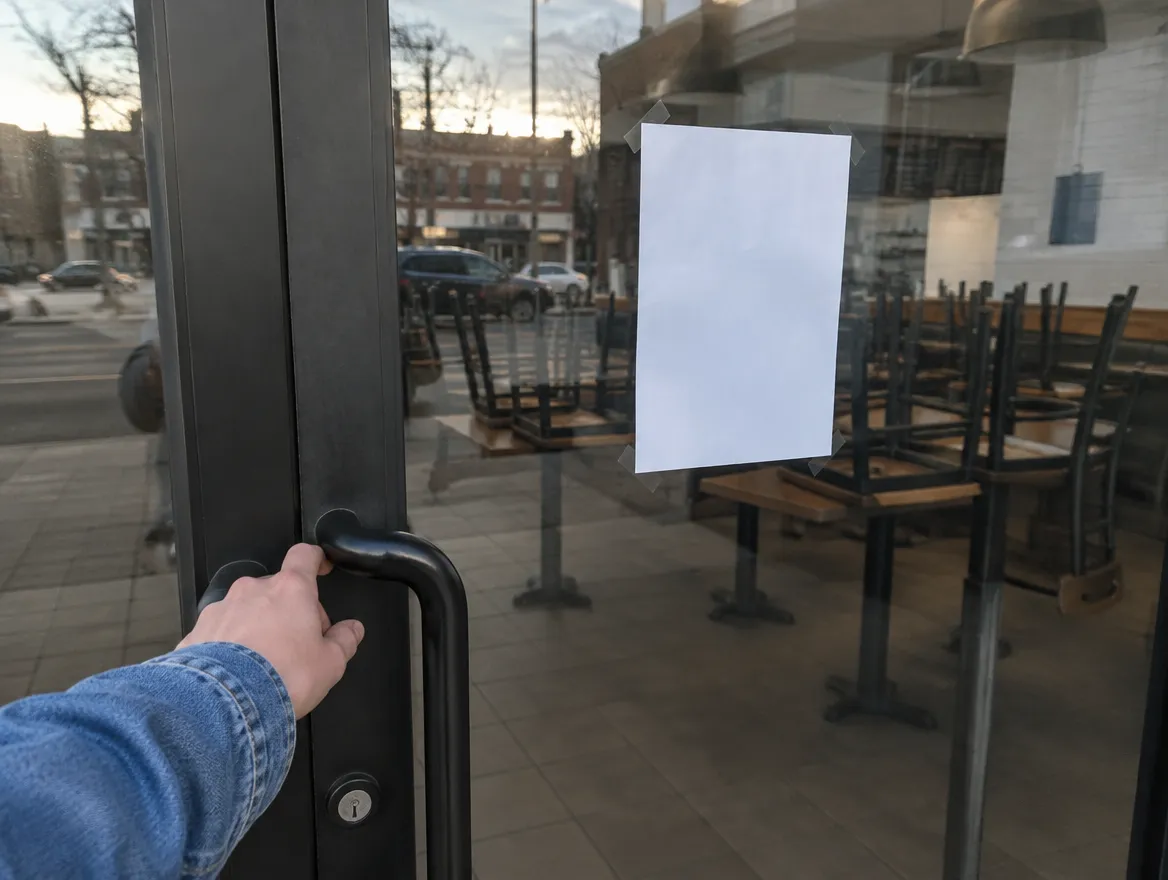 La porte du restaurant fermée pour la dernière fois, au coucher du soleil