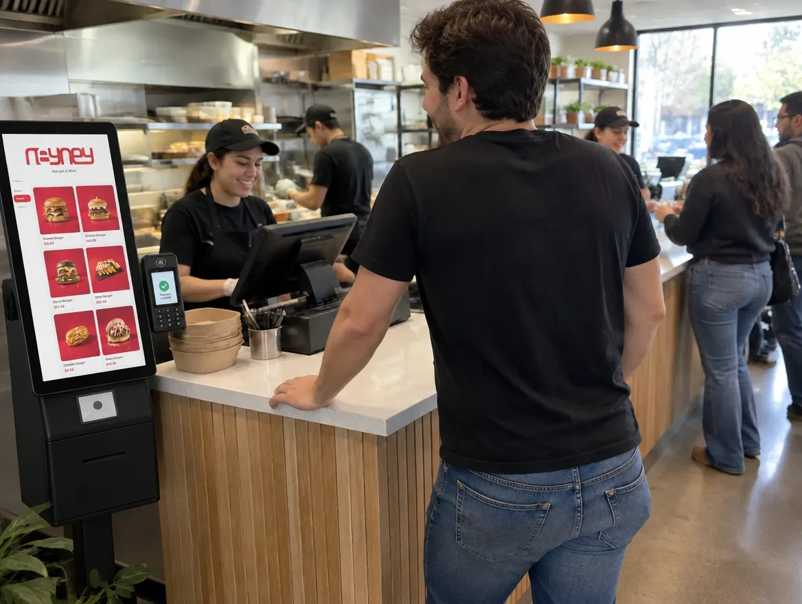 Un gérant de dos, en jean et t-shirt noir, au comptoir de son restaurant équipé d’une borne NeyNey